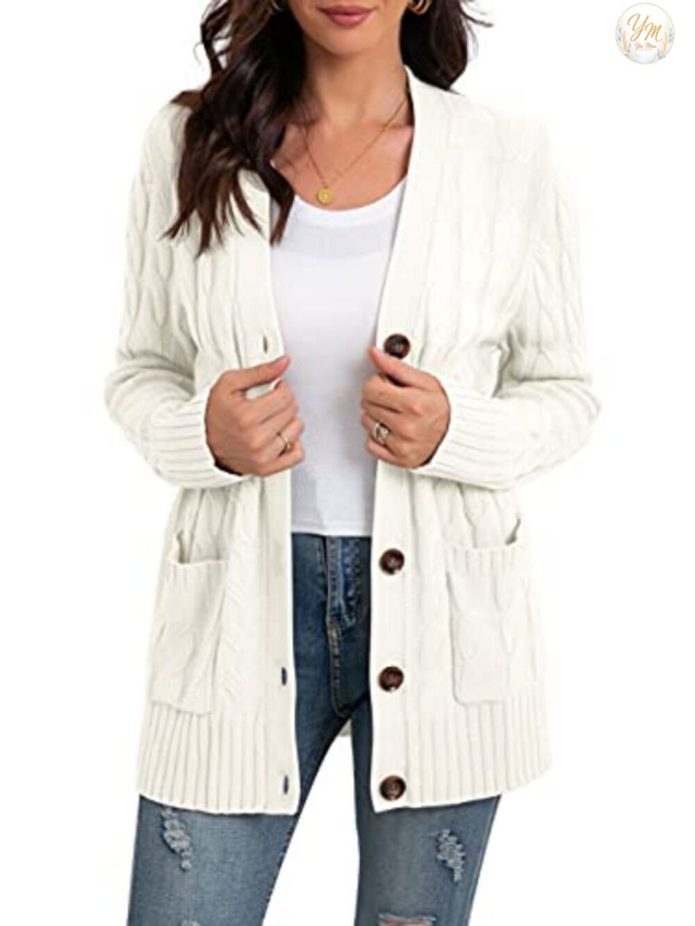 Women's Long Sleeve Cable Knit Cardigan Sweater with Pockets Chunky Winter